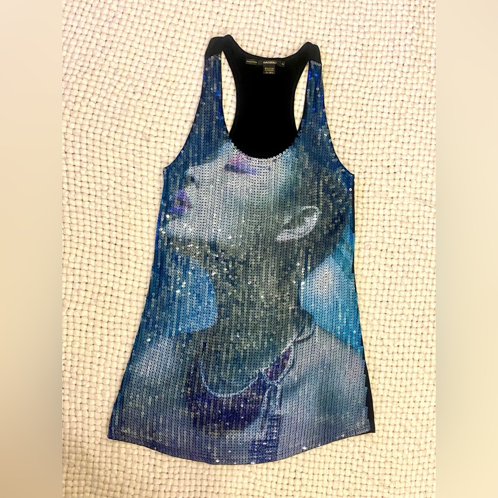 Radzoli Y2K Sequin‎ Blue and Black Graphic Tank Top Dress Women’s Small